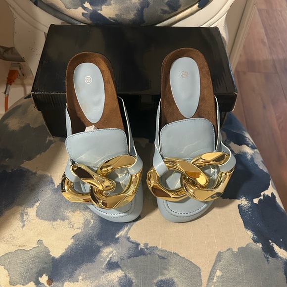 Shoes - “What’s Ur Price”? Baby Blue & Gold Elegant Women's Slip-On Shoes 💛